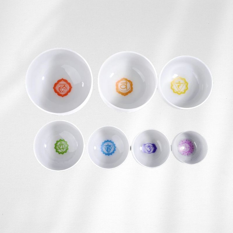 7 Chakras Frosted Quartz Crystal Singing Bowl Set (8-14 Inch) Large Size